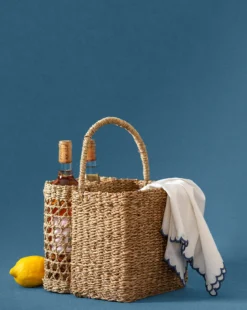 Hand-Woven Seagrass Basket with Handle & Bottle Holder